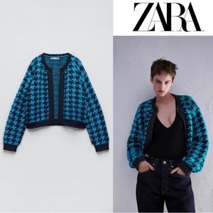 Zara Houdstooth Blue Sweater